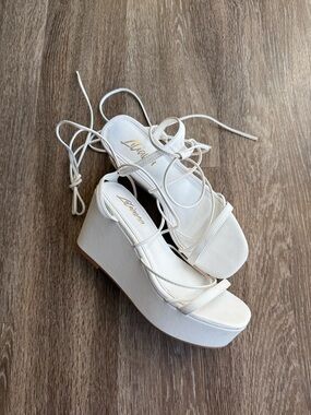Liliana White Lace-Up Platform Wedge Sandals
